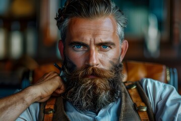 Fototapeta premium Captivating Portrait of a Bearded Man with Striking Blue Eyes