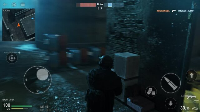 Animation of the modern mobile shooter video game application. Shooting at the online enemies in the multiplayer phone application video game. Defending the area in the mobile application video game.
