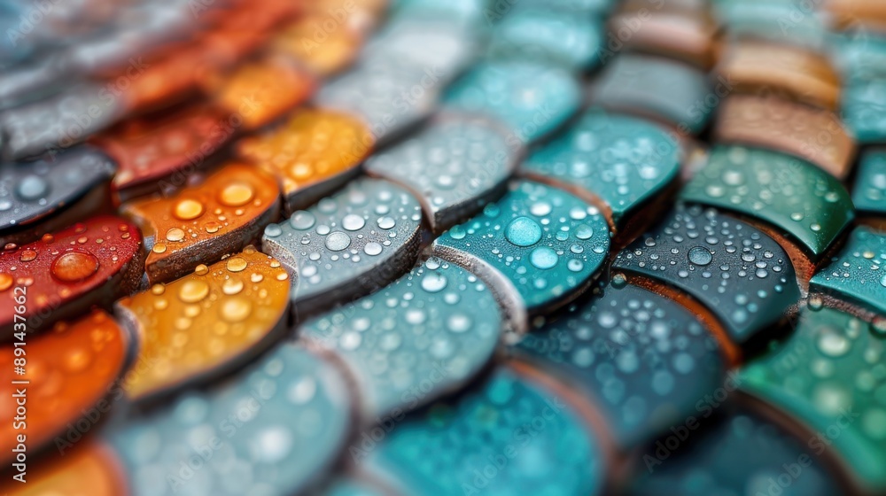 Aufkleber a close-up view of a mosaic pattern with various vibrant tiles covered in raindrops, creating a stun