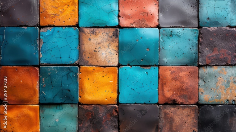 Poster an artistic photo of vintage colorful mosaic square tiles with a cracked texture, showcasing the pas