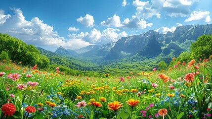 Colorful landscape with vibrant flowers and lush greenery blending together to create a picturesque scene ideal for microstock illustrations Illustration Flat Color, Clip Art Style , Minimalism,