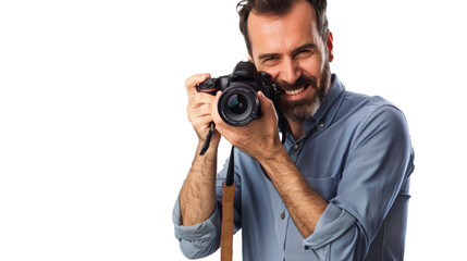 Fototapeta premium Smiling man photographer is taking images photo with dslr camera