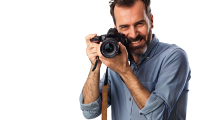 Smiling man photographer is taking images photo with dslr camera