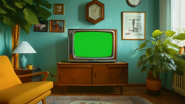 Retro living room with a vintage TV classic on green screen
