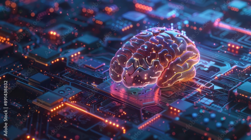 Poster big data and artificial intelligence concept. human brain glowing from processor, symbolizing the fu