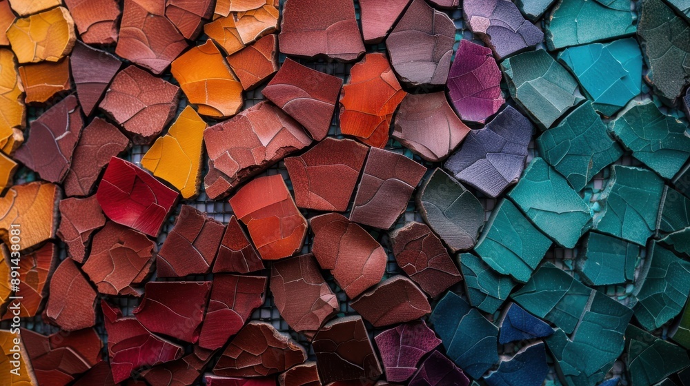 Aufkleber this image depicts a mosaic of multicolored broken tiles, carefully arranged to form an intricate ab