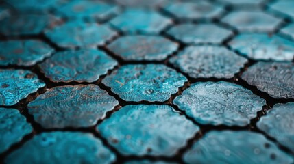 Obraz premium A close-up image of turquoise tiles, showcasing their detailed and weathered surfaces, each tile distinctly shaped and artistically captured, revealing intricate patterns and a deep sense of age and 