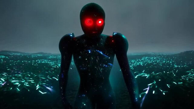 Mysterious humanoid figure with glowing red eyes in surreal landscape