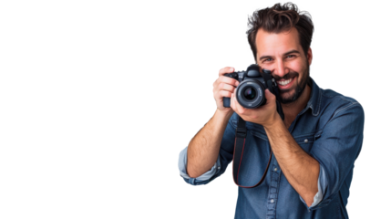 Smiling man photographer is taking images photo with dslr camera