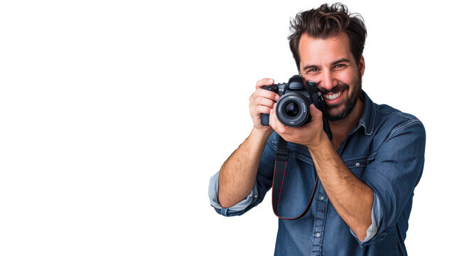Smiling man photographer is taking images photo with dslr camera - Powered by Adobe