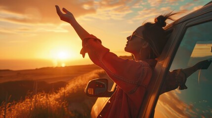 carefree woman sitting in front seat of car, stretching her arm out window and catching glare of setting suset woman travels by car catches wind with her hand from car window.,ai generate