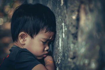 A Young Boy's Silent Sorrow, Leaning Against a Weathered Wall