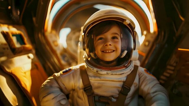 smiling boy in bedroom transform to space suite
