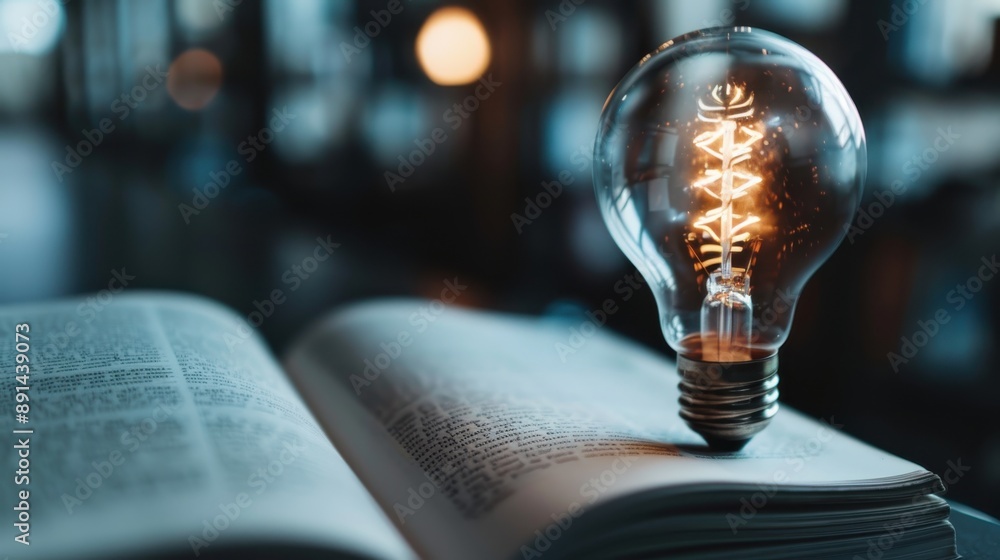Poster an illuminated light bulb rests over an open book in a moody, dimly lit setting, symbolizing knowled
