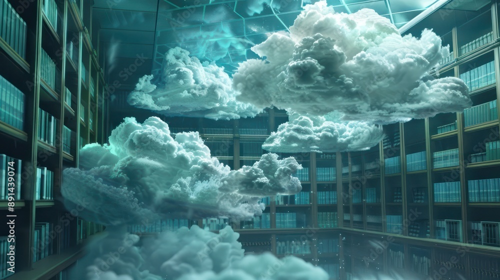 Poster Cloud Library: Unveiling the Future of Document Archival, futuristic library where books are replaced by floating digital clouds containing categorized documents, the evolution of archival practices.