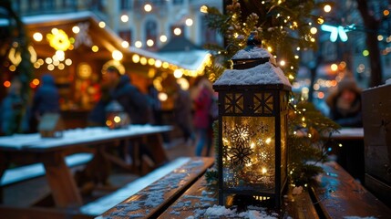 Winter Holiday Market with Decorated Lantern and SnowCovered Benches at Dusk