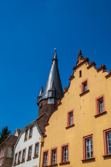 Town hall square in Ottweiler, in the background the old tower, Germany.