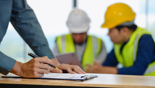 Contraction site manager holding black pen and placing his hand on top of personal safety risk assessment take booklet on the table with defocused co-teamwork at the background.