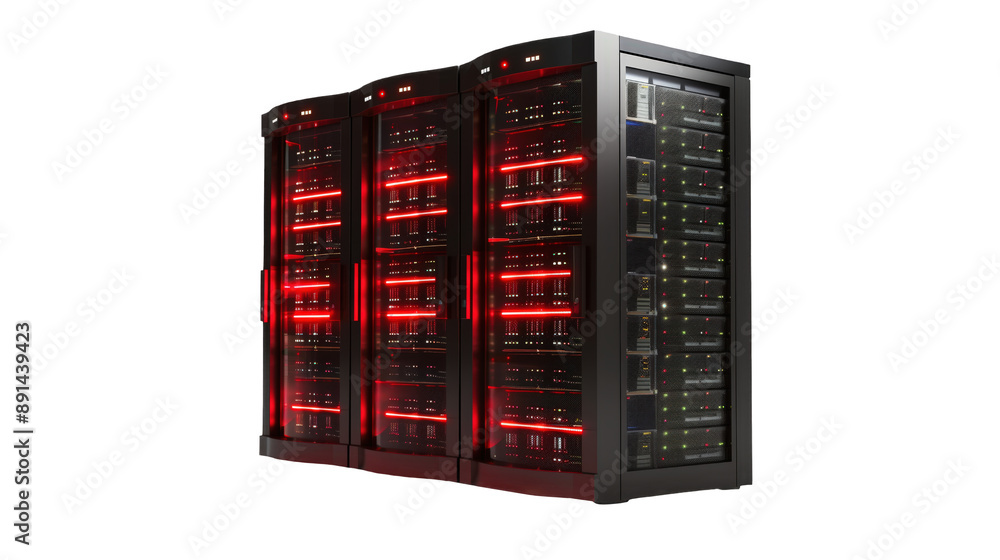 Poster data center server rack with red light isolated on transparent background
