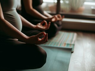 Fototapeta premium Finding Inner Peace: A Pregnant Woman Practices Yoga in a Serene Setting