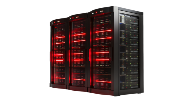 Data center server rack with red light isolated on transparent background