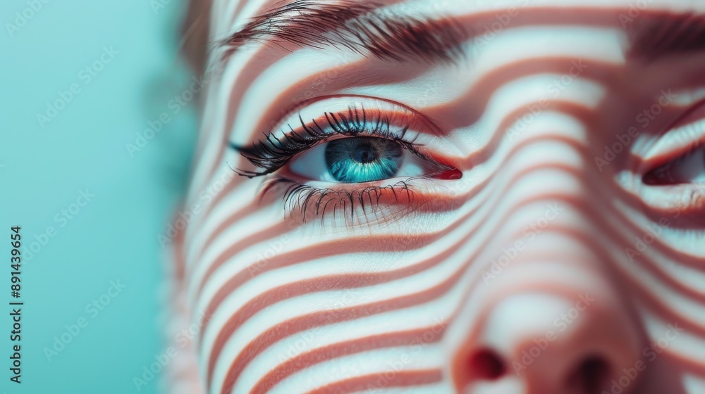 Poster a close-up shot of a blue eye with striking, artistic shadow lines playing across the face, creating