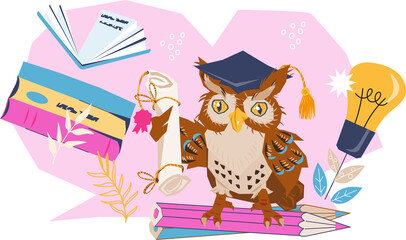 Back to school concept of banner or poster with cute wise owl, template. Banner for the beginning of the school year and sales advertisement.