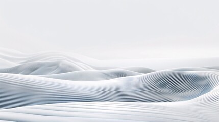 Minimalist abstract background with wave pattern, light gray and white gradient, soft lines, fluid simplicity. Atmospheric perspective, high resolution, soft lighting. Tranquil and calm atmosphere