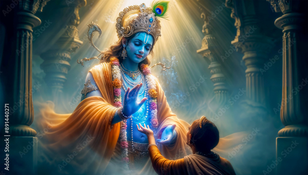 Wall mural lord krishna in divine form blessing his devotee