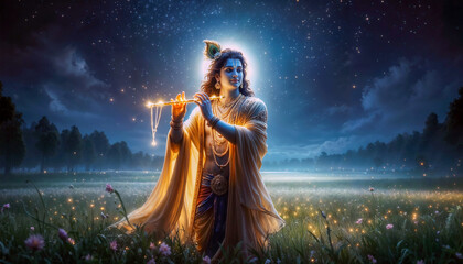 Lord Krishna Beautiful Night Illuminated image