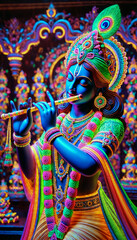 Naklejka premium beautiful Multicoloured Neon Illuminated Lord Krishna 