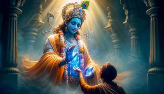 Lord Krishna in divine form Blessing His Devotee