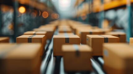 A view of a conveyor belt moving small packages through a warehouse, illustrating the efficiency and organization of modern logistics and distribution systems.