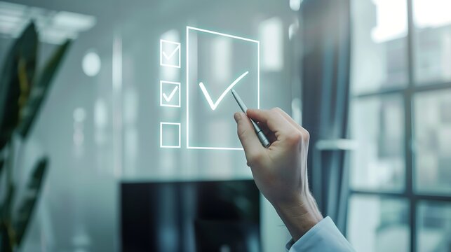 A hand is checking off a virtual checklist, indicating completion and achievement of a task or goal.