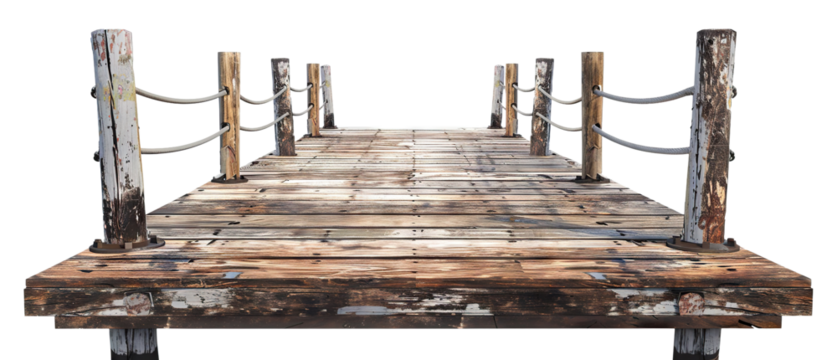Weathered wooden pier with rope railings, cut out