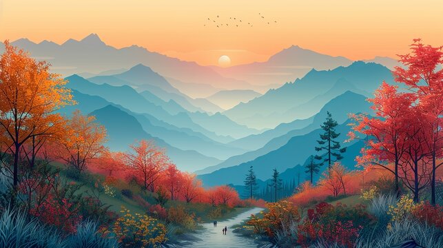 Colorful landscape with a mix of bright and pastel hues creating a visually appealing scene ideal for microstock illustrations and designs Illustration Flat Color, Clip Art Style , Minimalism,
