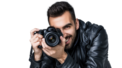 Smiling man photographer is taking images photo with dslr camera
