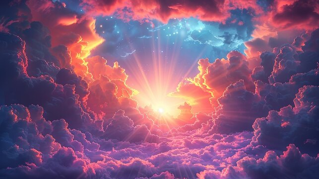 Surreal sky with colorful clouds and rays of light creating a magical and otherworldly atmosphere perfect for fantasy-themed illustrations Illustration Flat Color, Clip Art Style , Minimalism,