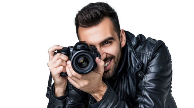 Smiling man photographer is taking images photo with dslr camera