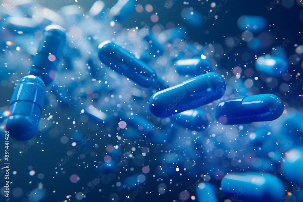 Poster dynamic blue capsules in a sparkling background