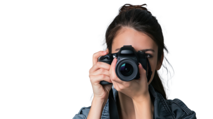 Smiling woman photographer is taking images photo with dslr camera