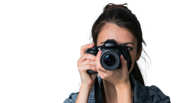 Smiling woman photographer is taking images photo with dslr camera