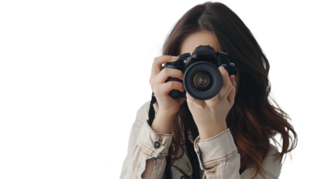 Smiling woman photographer is taking images photo with dslr camera - Powered by Adobe