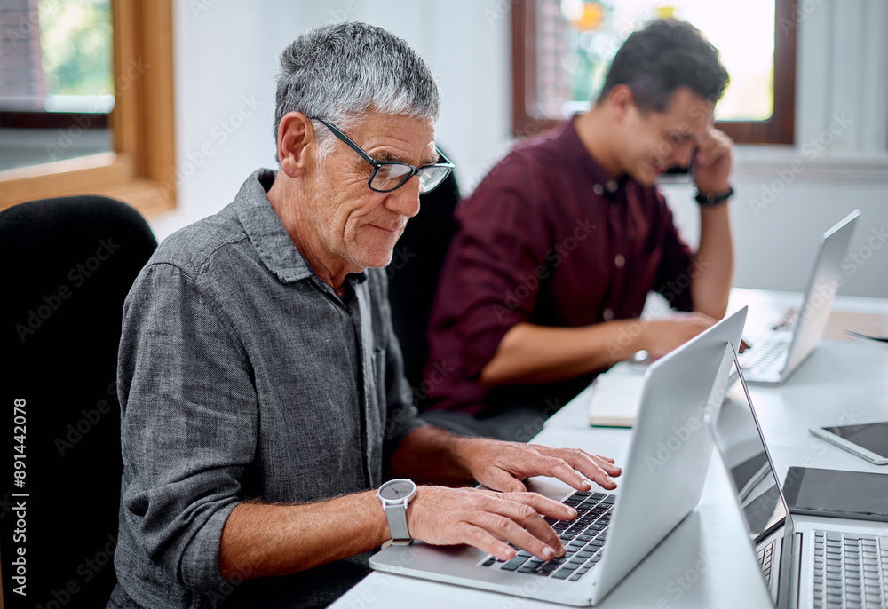 Aufkleber laptop, typing and mature man in office for it support management report with online email. computer