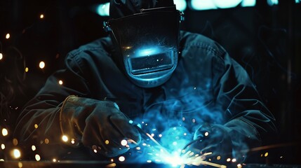 Wired worker welding with blue sparks in dark factory