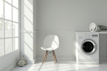 Modern washing machine standing in a bright laundry room