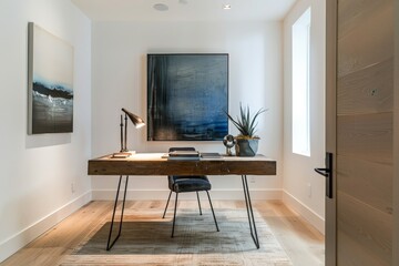 Modern home office interior design with artwork and desk