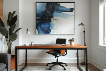 Modern home office interior with designer furniture and artwork