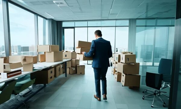 businessman holding cardboard box in office