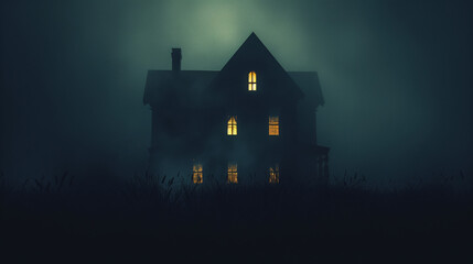 Eerie haunted house silhouette at night with glowing windows